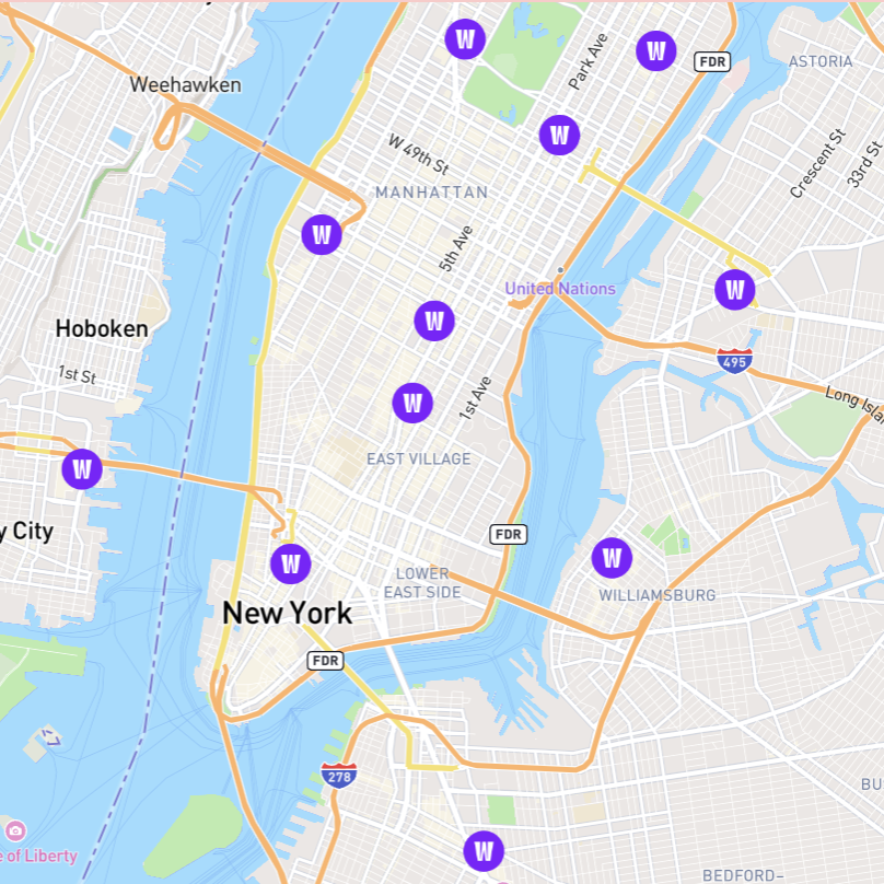Map of Wally dental studio locations across New York City